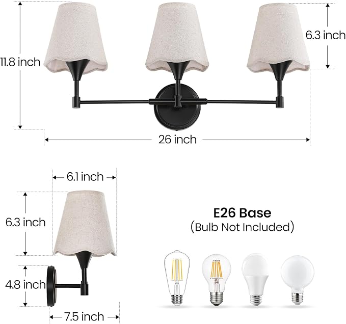 Black Bathroom Vanity Light Fixtures: 3 Light Vanity Lighting Fixtures with Flared Fabric Shade, Matte Black Bathroom Lighting Fixture over Mirror, Wall Sconce Lights for Bedroom Hallway Living Room