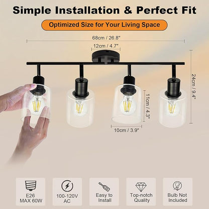 HiBay 4-Light Black Track Lighting Fixture Rotatable Ceiling Wall Spotlight | Adjustable 4 Heads with Glass Shades, Modern Farmhouse Industrial, for Kitchen, Dining Room, Bathroom, E26 Base