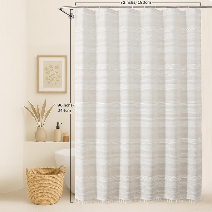 Extra Long Linen Shower Curtain 96 Inch Long, Boho Chic Textured Soft Fabric Heavy Duty Cloth Bathroom Shower Curtain with Tassel, Tall Farmhouse Luxury Bath Decor, 72Wx96L Inches