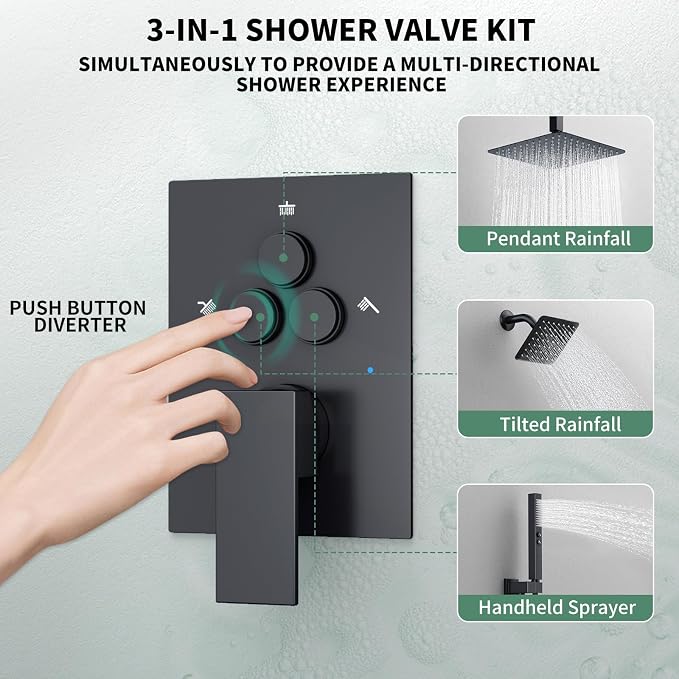 SunCleanse 3-Way Matte Black Shower System w/Handheld for Couple | 10" rain head, 6" wall spray, handheld wand, push-button diverter, anti-scald valve, easy-clean nozzles