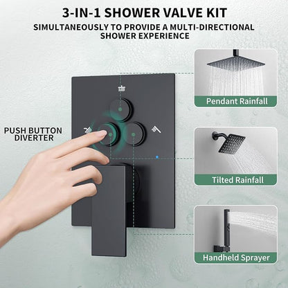 SunCleanse 3-Way Matte Black Shower System w/Handheld for Couple | 10" rain head, 6" wall spray, handheld wand, push-button diverter, anti-scald valve, easy-clean nozzles