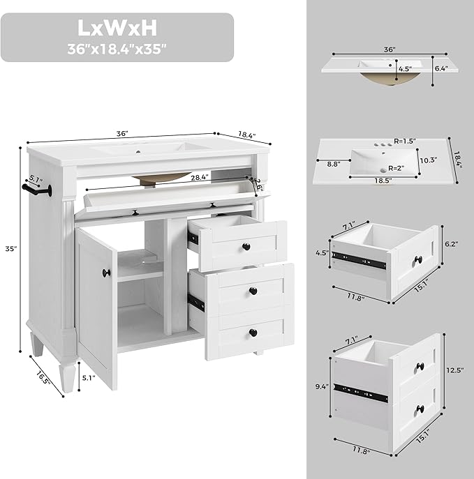 LIKIMIO 36 Inch Bathroom Vanity with Sink, Towel Holder & Adjustable Solid Wood Legs for Uneven Floor, Modern Bathroom Storage Cabinet with Tip-Out Drawer, 2 Drawers & Adjustable Shelf, White
