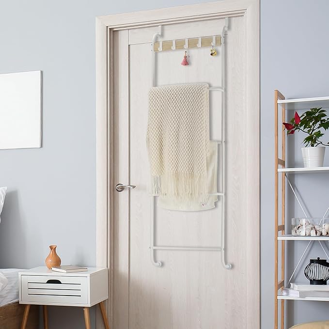 Over the Door Towel Rack for Bathroom 5 Tier Over The Door Towel Bar | Back of Door Towel Rack, Behind Door Towel Holder with Hooks, White Door Rack Hanger, Stable Suction Cup Design