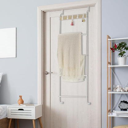 Over the Door Towel Rack for Bathroom 5 Tier Over The Door Towel Bar | Back of Door Towel Rack, Behind Door Towel Holder with Hooks, White Door Rack Hanger, Stable Suction Cup Design