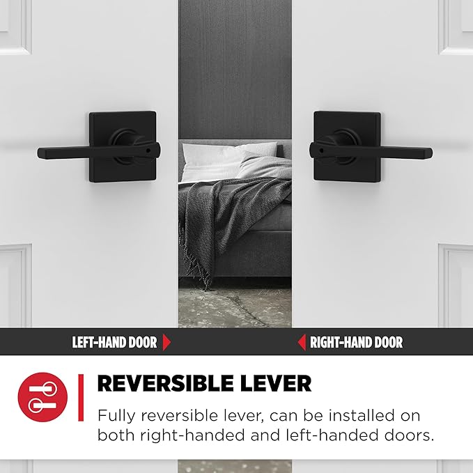 Kwikset Casey Interior Privacy Door Handle with Lock 4 Pack, Door Lever for Bathroom and Bedroom, Matte Black Reversible Keyless Turn Lock, with Microban Protection