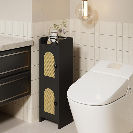 IBUYKE Small Bathroom Storage Cabinet with Rattan Door, Narrow Toilet Paper Storage Holder,Floor Cabinet with Adjustable Shelves, Space-Saving Organizer for Toiletries UWBS001B