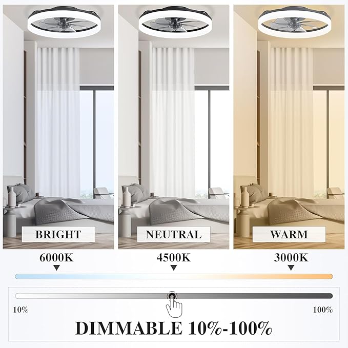Ceiling Fans with Lights and Remote Fandelier - 20'' Flush Mount Low Profile Modern Black Ceiling Fans for Bedroom - Stepless Color Temperature Change and 6 Speeds, Black