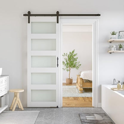 SMARTSTANDARD 28 x 84 in Glass Barn Door with 5FT Sliding Hardware Kit | Pre-Drilled Ready to Assemble, Waterproof PVC Coating, White, 5-Panel Glass