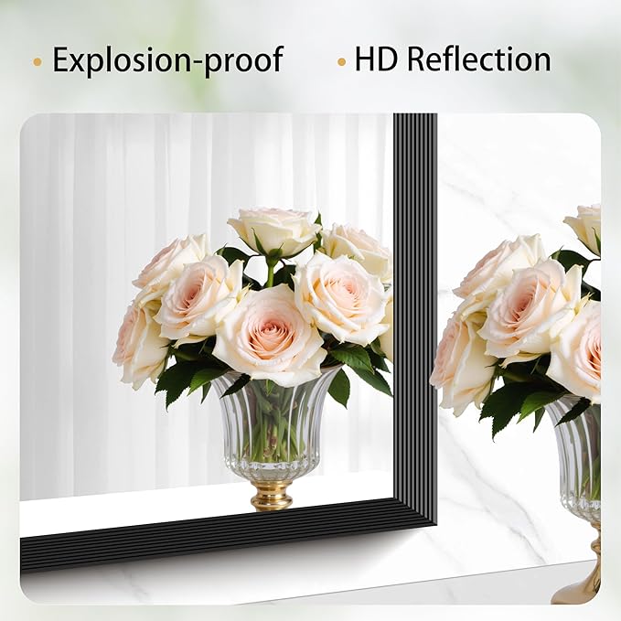Black Bathroom Mirror 60 x 30 Inch Rectangle Wave Beveled Frame for Wall Bathroom Vanity Mirror for Over Sink, Tempered Glass,for Entryway Hangs, Bathroom Living Room Horizontal or Vertical