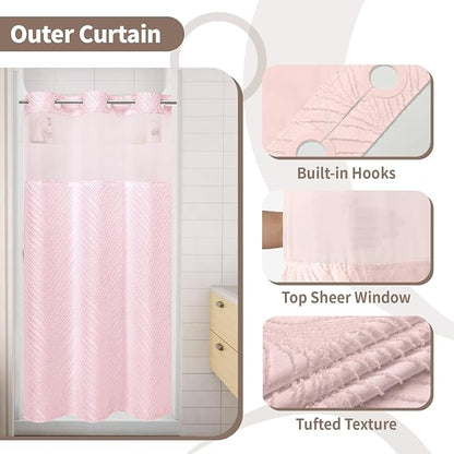 eachope stall no Hook Tufted Shower Curtain with snap in Liner Set, White Waterproof Fabric Inner Liner,Boho Style Shower Curtain with See Through top Window, Pink, 36Wx74H