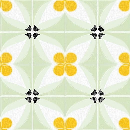 Yellow Flower Geometric Peel and Stick Floor Tiles 12x12 Inch 10PCS | Yellow flower and pale green geometric pattern vinyl floor stickers for kitchen bathroom entryway and indoor home decor