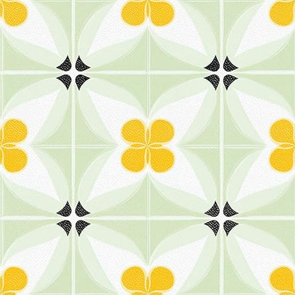 Yellow Flower Geometric Peel and Stick Floor Tiles 12x12 Inch 10PCS | Yellow flower and pale green geometric pattern vinyl floor stickers for kitchen bathroom entryway and indoor home decor