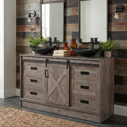 48" Barn Door Bathroom Vanity with 6 Drawers, Farmhouse Style Standing Pedestal Cabinet with Two Silver Leaf Vessel Sinks