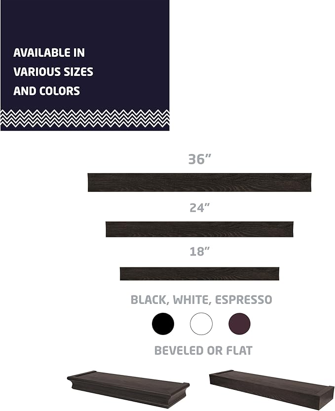 HIGH & MIGHTY 515603 Modern 18" Floating Shelf Holds up to 15lbs, Easy Tool-Free Dry Wall Installation, Flat, Retail Packaging, Espresso