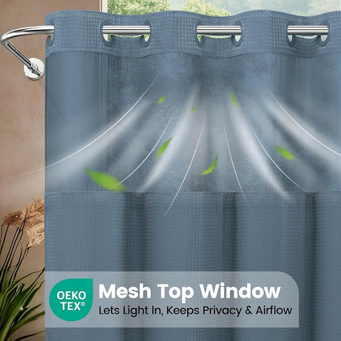 EUTXL Heavyweight No Hook Shower Curtain with Liner, Moonlight Blue,71x86 | Snap in Liner, 256GSM Thick Waffle Fabric, Hotel Luxury Spa, Corner Magnets, Quick Dry, Waterproof & Washable, Extra Long