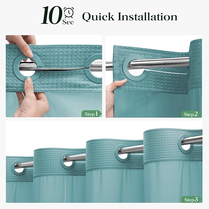 Teal Hook Free Waffle Shower Curtain & Snap-in Fabric Liner,72x75 | Less Time to install, 3 in 1 Fabric Shower Curtain and Liner Set with Magnets, Mesh Top Window, Shower Curtains for Bathroom