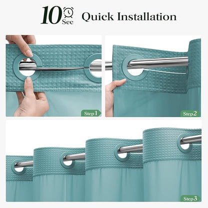 Teal Hook Free Waffle Shower Curtain & Snap-in Fabric Liner,72x81 | Less Time to install, 3 in 1 Fabric Shower Curtain and Liner Set with Magnets, Long, Shower Curtains for Bathroom