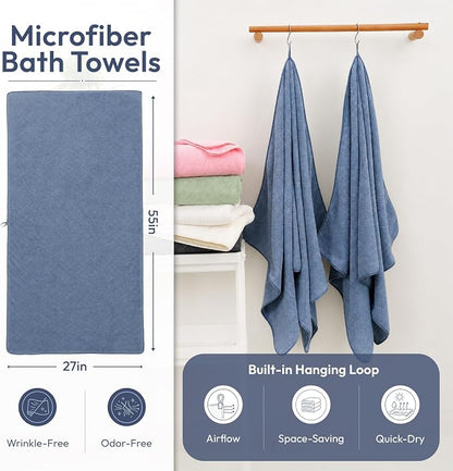 JML Bath Towels with Hanging Loop, 2 Pack, 27x55 in, Microfiber, Light Blue | Soft, Super Absorbent, Quick Dry, Lint-Free & Fade-Resistant, Lightweight Bathroom Towel for Daily Use