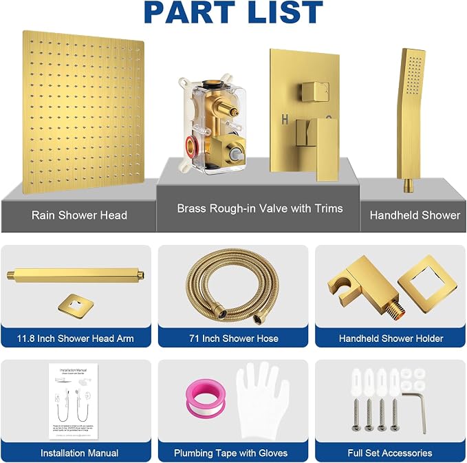 JOMEOO® 12 Inch Brushed Gold Shower System, Ceiling Mounted High Pressure Rain Shower Head with Handheld Sprayer, Bathroom Luxury Gold Shower Head Shower Faucet Set Rough in Valve Body and Trim