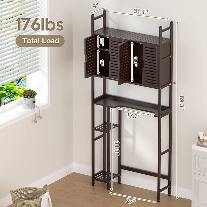 Over The Toilet Storage Cabinet: Bamboo Bathroom Organizer with Paper Holder Stand - Toilet Shelf No-Drill Installation Waterproof Feet - Left/Right Side Mount Space Saver Rack
