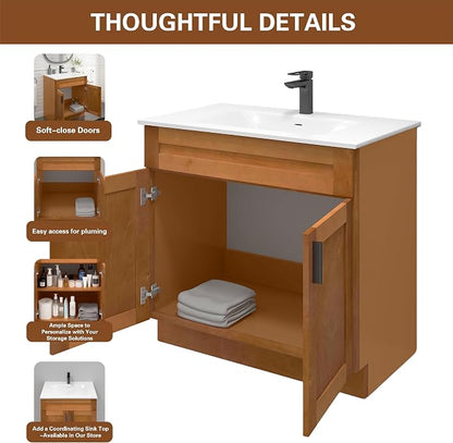 36” Maple Shaker Bathroom Vanity Base – Ready-to-Assemble Sink Cabinet, Freestanding Bathroom Vanity Base Only, No Top or Sink