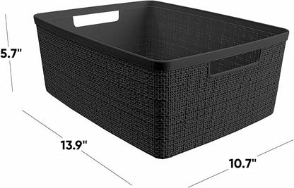 Curver Set of 6 Medium 12L Jute Decorative Plastic Organization and Storage Baskets - Perfect Bins for Home Office, Closet Shelves, Kitchen Pantry and All Bedroom Essentials, Black