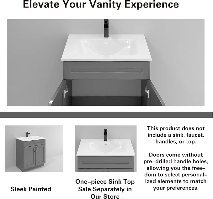 36" Grey Shaker Bathroom Vanity Base – Ready-to-Assemble Bathroom Sink Cabinet, Freestanding Vanity Base Only, RTA Bathroom Cabinet, No Top or Sink