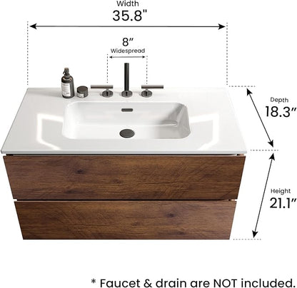 36" Bathroom Vanity with Sink, Modern Floating Vanity with Double Soft Closing Drawers, Large Storage for Small Space, Walnut, Fully Assembled - Iris Collection