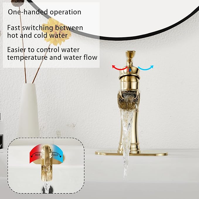 Waterfall Bathroom Faucet Brushed Gold GGStudy Single Handle One Hole Farmhouse Bathroom Vanity Faucet Basin Mixter Tap Deck Mount with Drain Assembly