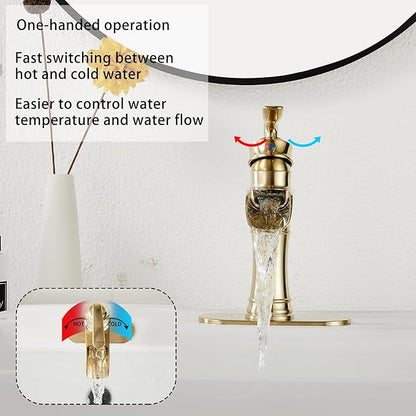 Waterfall Bathroom Faucet Brushed Gold GGStudy Single Handle One Hole Farmhouse Bathroom Vanity Faucet Basin Mixter Tap Deck Mount with Drain Assembly