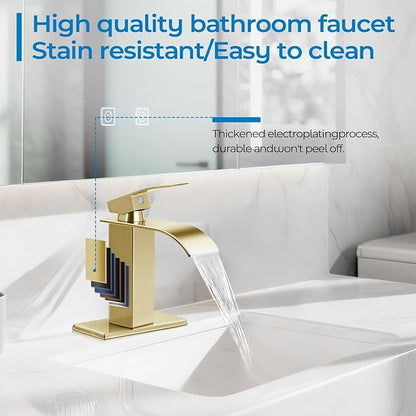 Brushed Gold Bathroom Faucet with Waterfall Spout and Pop-up Drain | SUS 304 Stainless Steel, Single Handle, 1 Or 3 Hole Sink, RV Vanity, Deck Plate, Supply Hoses, NSF372 NSF61 cUPC