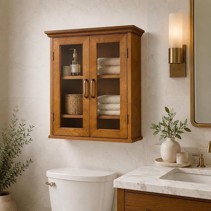Teamson Home Avery Wooden Over The Toilet Bathroom Removable Wall Medicine Cabinet with 2 Adjustable Shelves 3 Storage Spaces 2 Glass-Paneled Doors and Antique Brass Knobs, Oiled Oak | Glass Paneled Doors, 2 Adjustable Shelves, Antique Brass Knobs, Med...