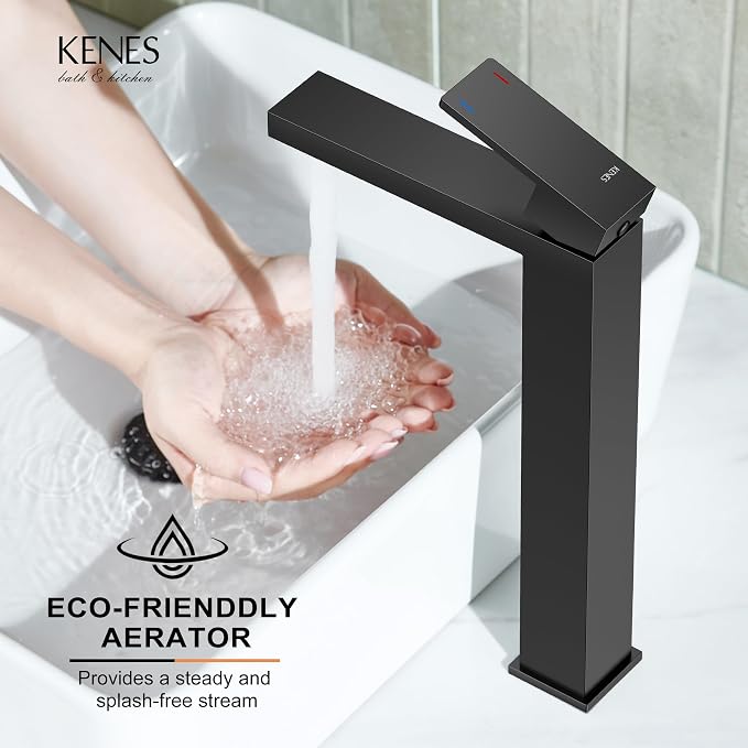 Matte Black Vessel Sink Facuet Single Hole, Tall Bathroom Sink Faucet | Vessel Bowl Faucet with Pop Up Drain & Supply Lines, Lead-Free cUPC & NSF Certified, 1 Hole Faucet for Vanity RV Restroom
