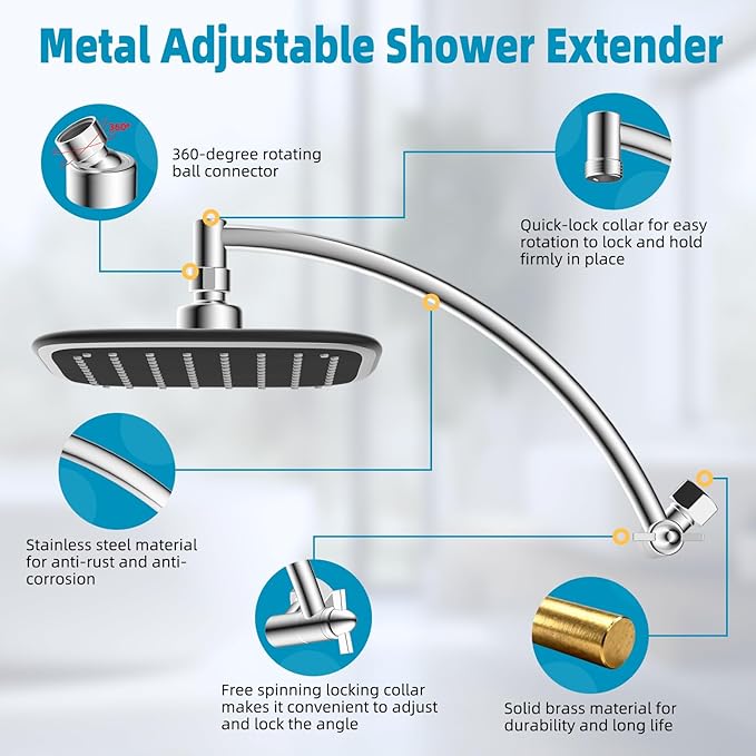 Rain Shower Head with 12" Metal Extension Arm, 10" High-Pressure Showerhead | Chrome Finished, Boosting Rainfall/Fixed Showerhead, Shower Head Extender Adjustable Height/Angle, 1-Min Easy to Install
