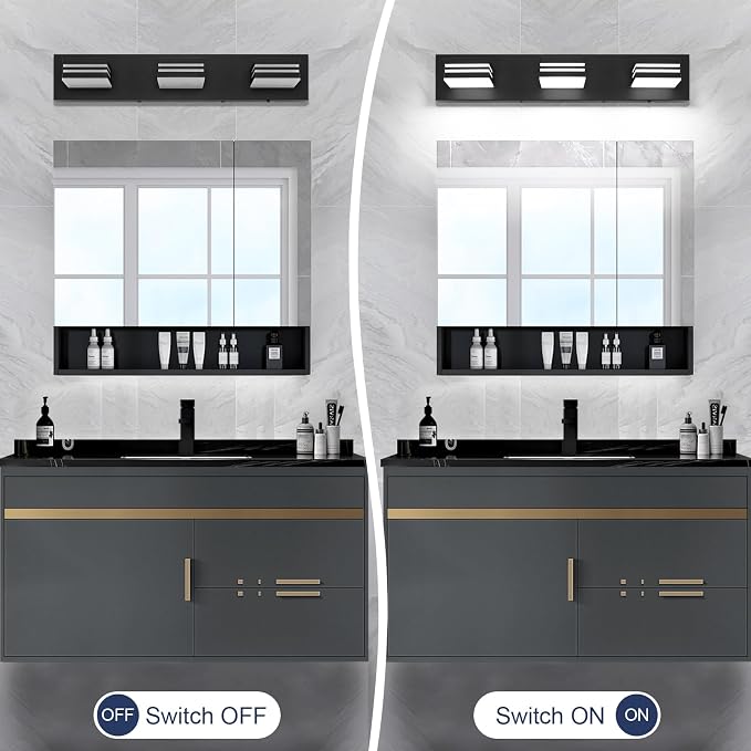 LED Modern Bathroom Vanity Light Fixtures (3-Light, 24-Inch)(5CCT, Dimmable), Matte Black Modern Bathroom Wall Lighting Fixtures Over Mirror (3000K/3500K/4000K/5000K/6000K)