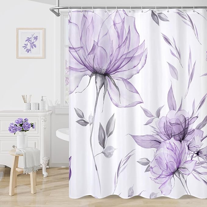 Litabel Extra Long Boho Watercolor Floral Shower Curtain 72 x 84, Lavender Painting Style Flower Shower Curtains for Chic Elegant Bathroom, Artistic XL Modern Fabric Cloth Shower Curtain