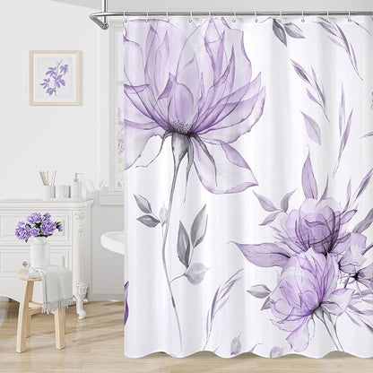 Litabel Lavender Boho Watercolor Floral Shower Curtain, Ink Painting Style Blossom & Leaf Shower Curtains for Chic Elegant Bathroom, Artistic Fabric Cloth Modern Flower Shower Curtain, 72x72