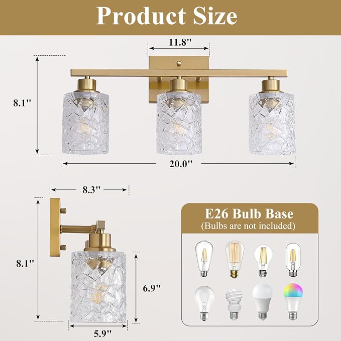 Mecgirn Stainless Steel Bathroom Vanity Light Over Mirror, 3 Light Brushed Gold Bathroom Light Fixtures with Textured Glass Shades,Ceramic E26 Sockets Wall Mounted Vanity Lights for Bathroom