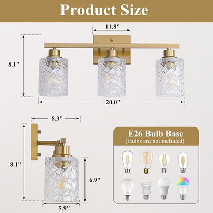 Mecgirn Stainless Steel Bathroom Vanity Light Over Mirror, 3 Light Brushed Gold Bathroom Light Fixtures with Textured Glass Shades,Ceramic E26 Sockets Wall Mounted Vanity Lights for Bathroom