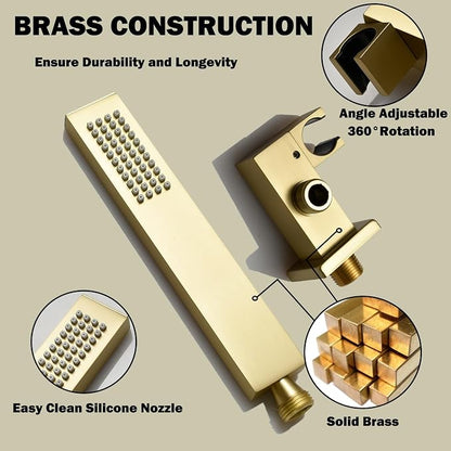 Dual Rain Shower Head System Ceiling Mount 14x20inch LED Shower Head and 8 Inch Side Shower Head with Handheld, Rainfall Shower Faucet Set(Brushed Gold)