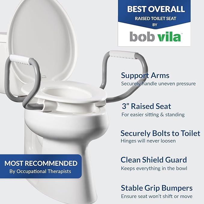 Bemis Assurance 3" Raised Toilet Seat with Handles, Made in USA, Secure Hinges, Clean Shield Guard, Round, White