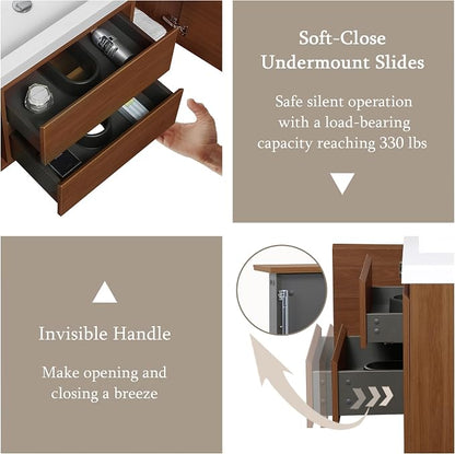 KEIKI 48'' Wall-Mounted Bathroom Vanity with Sink - Floating Design, 2 Soft-Close Drawers & Doors & Resin Basin, Space-Saving for Bathrooms, Walnut