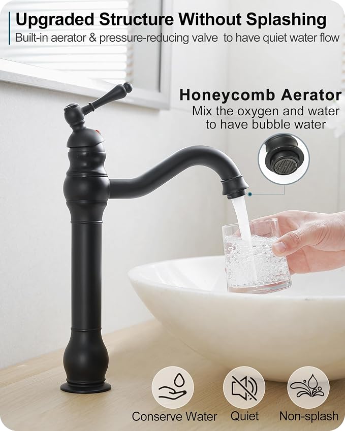 Matte Black Bathroom Faucet, Brass Tall Bathroom Sink Faucet Single Handle, 360 Degree Swivel Vessel Faucet, Bathroom Faucets One Hole with Aerator & Supply Hoses for Shopping Malls Saving Water