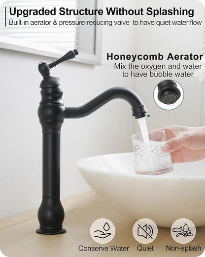 Matte Black Bathroom Faucet, Brass Tall Bathroom Sink Faucet Single Handle, 360 Degree Swivel Vessel Faucet, Bathroom Faucets One Hole with Aerator & Supply Hoses for Shopping Malls Saving Water