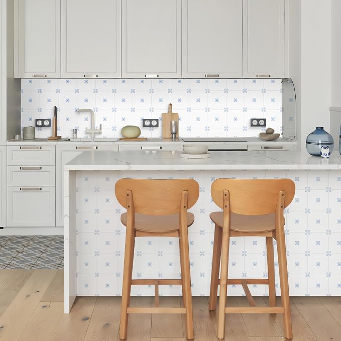Peel & Stick Tile Stickers 12 PCS Self Adhesive Backsplash Decorative Wall Stickers for Kitchen Bathroom Tile Decals Waterproof & Removable 6" x 6" Blue - White