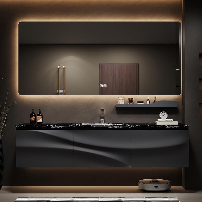 Single/Double Sink Bathroom Vanity, Solid Wood Vanity with Smart Defog Mirror Cabinet, Floating Vanity Cabinet with Storage