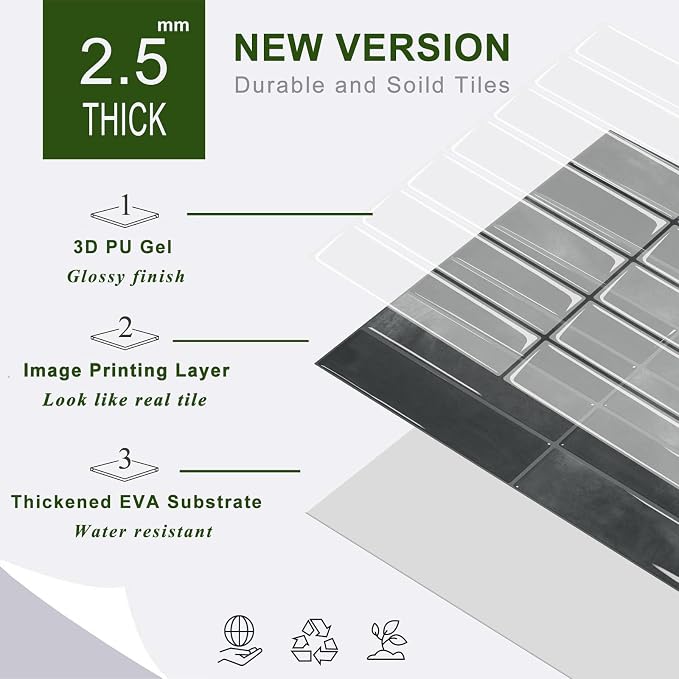 STICKGOO 10-Sheet Peel and Stick Backsplash Tile(Thicker Design) | Self Adhesive Vinyl Wall Tiles, 3D DIY Subway Tiles, Stick on Backsplash for Kitchen (Marquina Black)