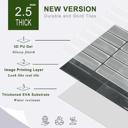 STICKGOO 10-Sheet Peel and Stick Backsplash Tile(Thicker Design) | Self Adhesive Vinyl Wall Tiles, 3D DIY Subway Tiles, Stick on Backsplash for Kitchen (Marquina Black)