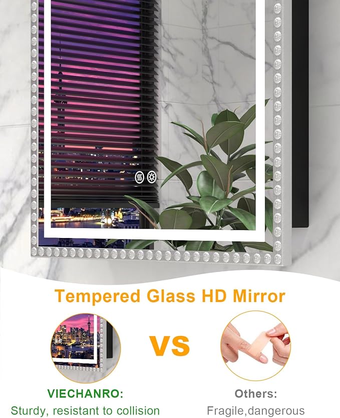 Daisy Beaded LED Medicine Cabinet with Mirror, Lighted Bathroom Mirror with Storage Full-Metal, Dimmable 3 Colors Lighting Anti-Fog and Memory Function, 1 Organizer Box, Bling Silver 20x28 Inch