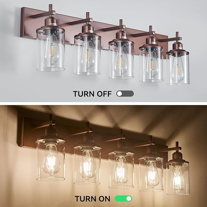 5-Light Bronze Bathroom Light Fixtures Over Mirror,Modern Bathroom Vanity Light with Clear Glass Shade, Wall Sconce for Bathroom Hallway Cabinet Bedroom Kitchen Living Room Foyer E26 Base